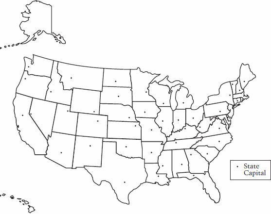 The map shows the United States with the locations of each state capital.  Many of the capitals are located near the center of their state.