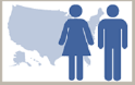 Image of a pale blue map of the United States with dark blue male and female icons layered over it.