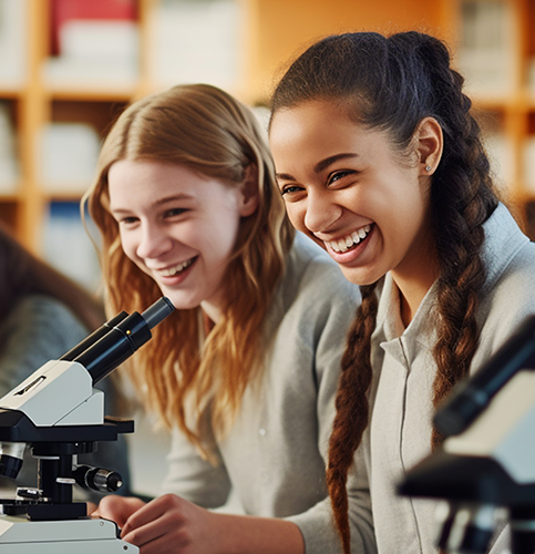 two students sharing a microscope while sitting in a science classroom