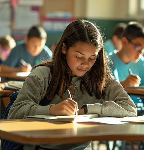 Image shows a child sitting at a desk in a classroom.