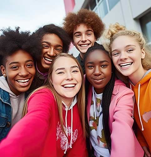 a group of teenage students posing for a candid photo outside school