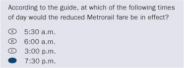 Sample Question: According to the guide, at which of the following time of day would the reduced Metrorail fare be in effect? A. 5:30 a.m. B. 6:00 a.m. C. 3:00 p.m. D. 7:30 p.m.