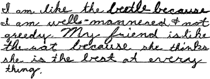 handwritten response: I am like the bettle because I am well-mannered and not greedy. My friend is like the rat because she thinks she is the best at everything.