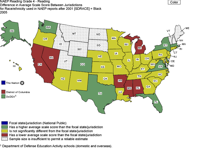 Cross-state comparisons of average reading scale scores for Black students, grade 4 public schools: 2005