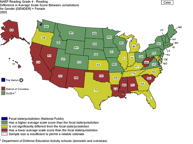 Cross-state comparisons of average reading scale scores for female students, grade 4 public schools: 2005