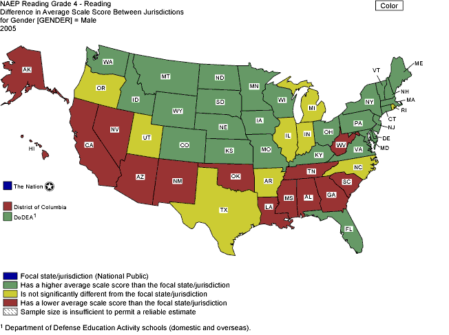 Cross-state comparisons of average reading scale scores for male students, grade 4 public schools: 2005