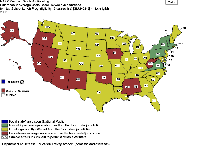 Cross-state comparisons of average reading scale scores for students not eligible for free/reduced-price lunch, grade 4 public schools: 2005