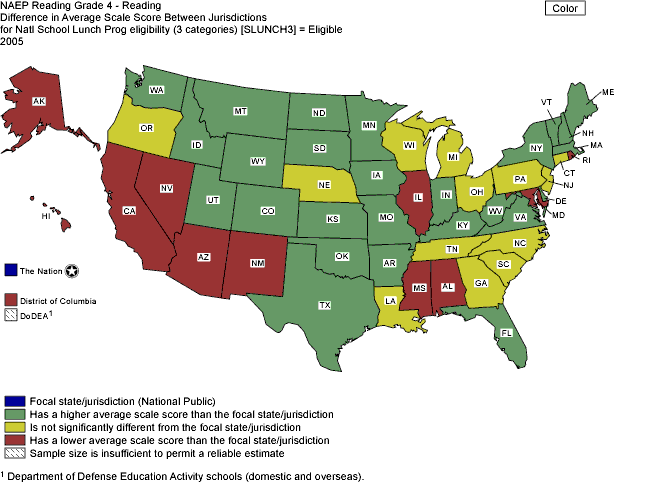 Cross-state comparisons of average reading scale scores for students eligible for free/reduced-price lunch, grade 4 public schools: 2005