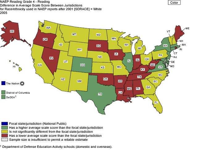 Cross-state comparisons of average reading scale scores for White students, grade 4 public schools: 2005