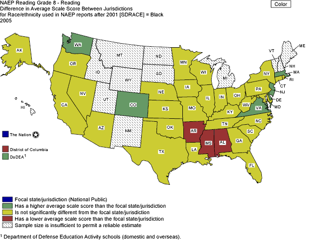 Cross-state comparisons of average reading scale scores for Black students, grade 8 public schools: 2005