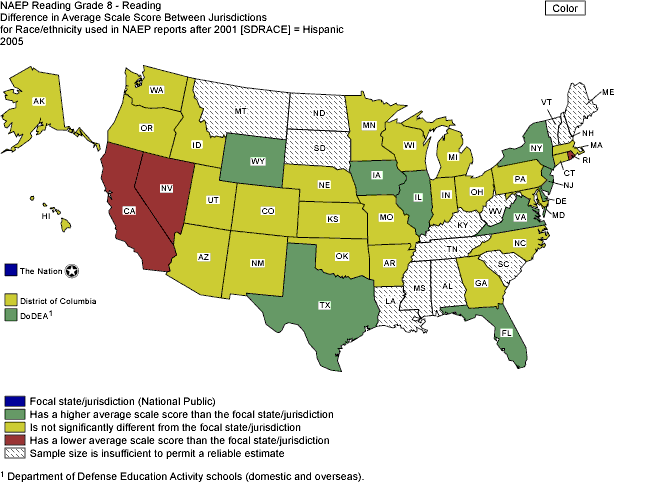 Cross-state comparisons of average reading scale scores for Hispanic students, grade 8 public schools: 2005