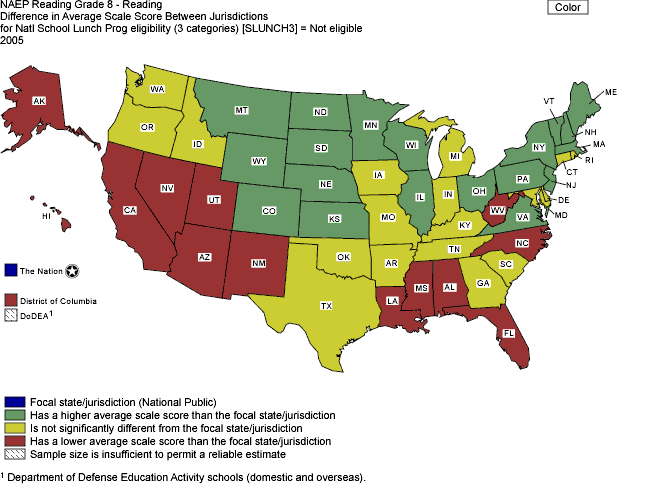 Cross-state comparisons of average reading scale scores for students not eligible for free/reduced-price lunch, grade 8 public schools: 2005