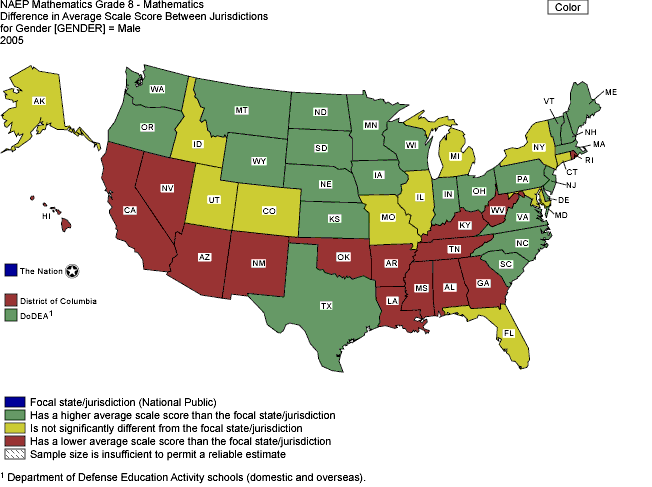 Cross-state comparisons of average mathematics scale scores for male students, grade 8 public schools: 2005