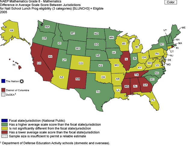 Cross-state comparisons of average mathematics scale scores for students eligible for free/reduced-price lunch, grade 8 public schools: 2005