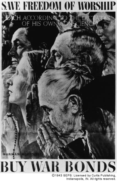 This black and white poster is titled "Save Freedom of Worship." The next line is superimposed over the side perspective of people who appear to praying: "Each according to the dictates of his own conscience." The bottom of the poster has the artist's name, Norman Rockwell, and the statement "Buy war bonds."