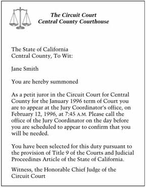 This a picture of the summons which states the following information. The summons is titled "The Circuit Court Central County Courthouse." The additional information is as follows. The State of California, Central County, To Wit: Jane Smith. You are hereby summoned. As a petit juror in the Circuit Court for Central County for January 1996 term of Court you are to appear at the Jury Coordinator's office, on February 12, 1996, at 7:45 a.m. Please call the office of the Jury Coordinator on the day before you are scheduled to appear to confirm that you will be needed. You have been selected for this duty pursuant to the provision of Title 9 of the Courts and Judicial Proceedings Article of the State of California. Witness, the Honorable Chief Judge of the Circuit Court