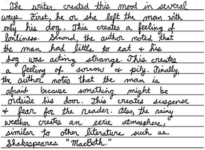 The writer created this mood in several ways. First, he or she left the man with only his dog. This creates a feeling of loneliness. Second, the author noted that the man haad little to eat + his dog was acting strange. This creates a feeling of sorrow + pity. Finally, the author notes that the man is afraid because something might be outside his door. This creates suspense + fear for the reader. Also, the rainy weather creates an eerie atmosphere, similar to other literature such as Shakespeares "MacBeth."