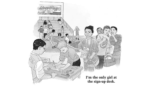 I'm the only girl at the sign-up desk