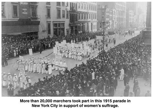 More than 20,000 marchers took part in this 1915 parade in New York City in support of women's suffrage.