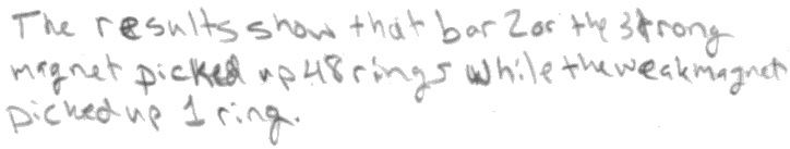 The results show that bar 2 or the strong magnet picked up 48 rings while the weak magnet picked up 1 ring. The results show that bar 2 or the strong magnet picked up 48 rings while the weak magnet picked up 1 ring.