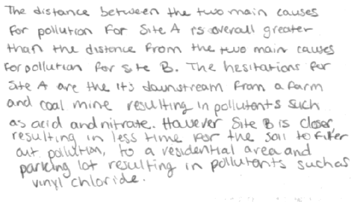 The distance between the two main causes for pollution for Site A is overall greater than the distance from the two main causes for pollution for Site B. The hesitations for Site A are that it�s downstream from a farm and coal mine resulting in pollutants such as acid and nitrate. However, Site B is closer, resulting in less time for the soil to filter out pollution, to a residential area and parking lot resulting in pollutants such as vinyl chloride. The distance between the two main causes for pollution for Site A is overall greater than the distance from the two main causes for pollution for Site B. The hesitations for Site A are that it�s downstream from a farm and coal mine resulting in pollutants such as acid and nitrate. However, Site B is closer, resulting in less time for the soil to filter out pollution, to a residential area and parking lot resulting in pollutants such as vinyl chloride.