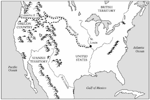 This is a picture of a map that is divided into the following areas: Oregon Country, Spanish Territory, United States, and British Territory.