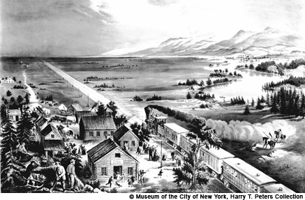 This black and white picture depicts a frontier with expansive land, mountain ranges, rivers and bodies of water, frontier people, log houses, a locomotive riding diagonally through the center of the frontier.