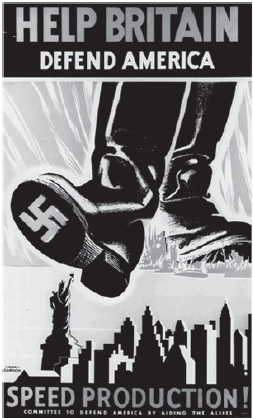 : A poster titled, “Help Britain Defend America.” There are large black boots that are walking on the New York City skyline. The right boot has a swastika on the sole and it is about to step on the Statue of Liberty. Text at the bottom of the poster says, “Speed Production!“