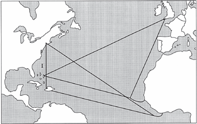 A map shows the North Atlantic  bordered by eastern North America and western Europe and Africa. Lines are drawn connecting England to West Africa, England to the Caribbean, the Caribbean to West Africa, and the Caribbean to New England.