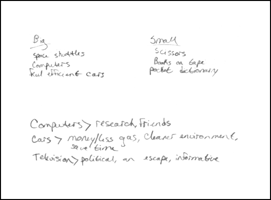 Hand written prewriting list: Big: space shuttles, computers, fuel efficient cars. Small: Scissors, books on tape, pocket dictionary. Computers > research, friends. Cars > moneyless gas, cleaner environment, save time. Television > political, an escape, informative.